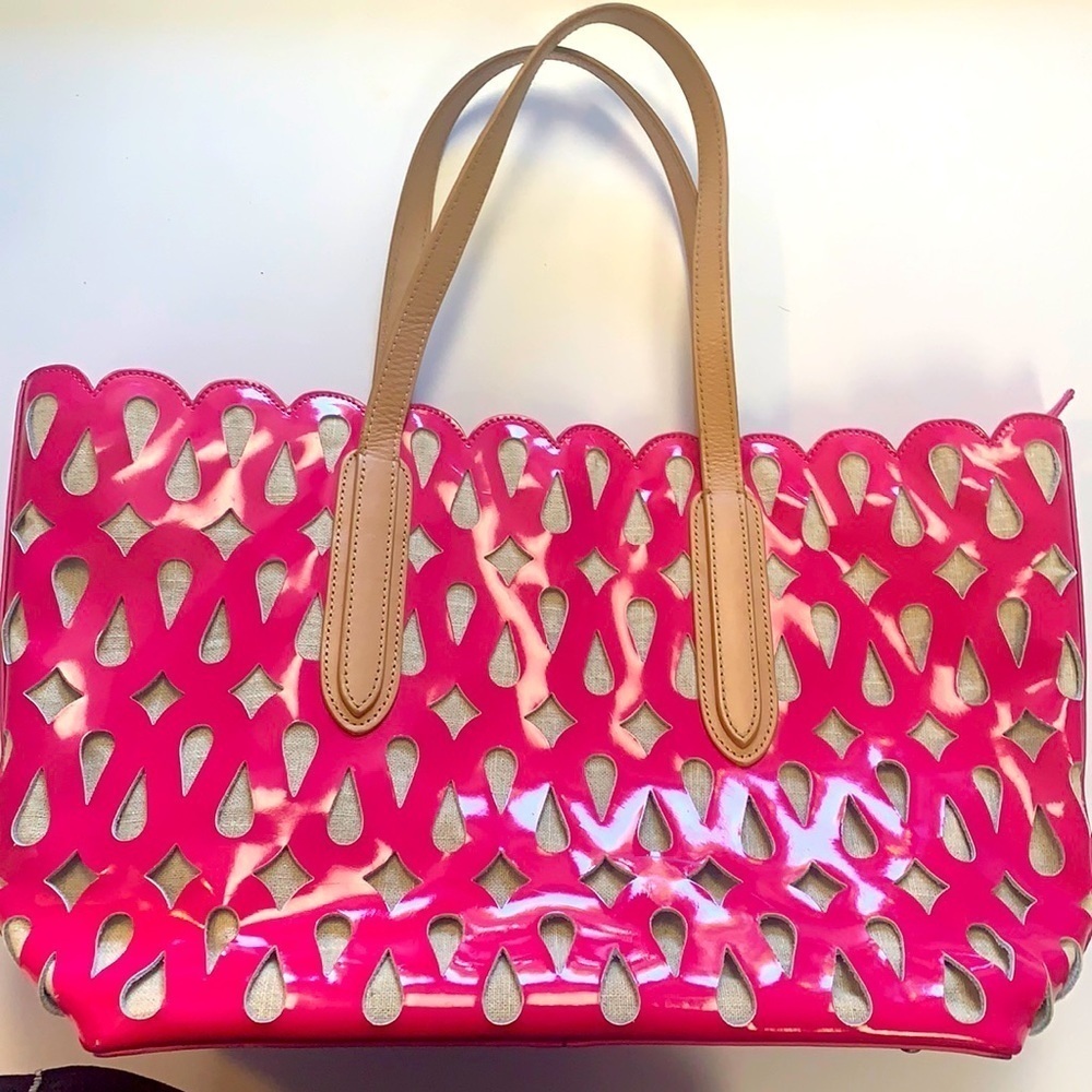 Sondra Robert’s laser cut pink Patent leather large Tote bag